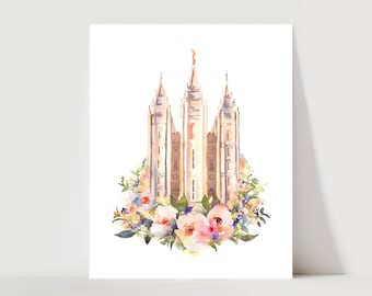 LDS Salt Lake Temple Painting Watercolor Floral Print