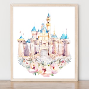 Sleeping Beauty Castle, Artwork Watercolor Floral Print Disney Disneyland Princess Wall Art