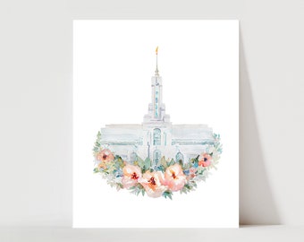 LDS Mount Timpanogos Temple Painting Watercolor Floral Print