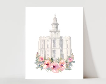 St George LDS Temple Painting Watercolor Floral Print