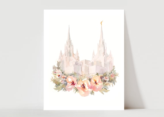 San Diego LDS Temple Painting Watercolor Floral Print