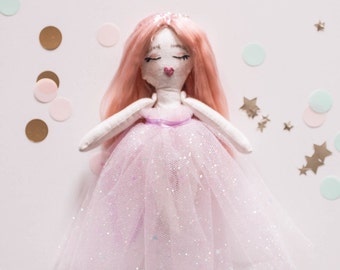 Stardust Collection Pink Doll - 7" mini best friends  heirloom cloth doll / nursery decor / mermaid /fairy/ princess doll