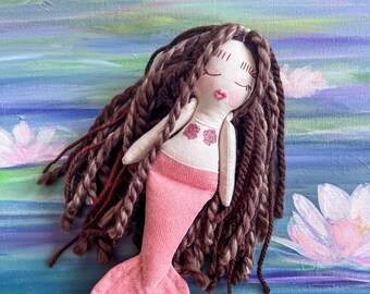 7” Brown mermaid doll with pearl headband coral tail. heirloom cloth doll / nursery decor / mermaid doll / fairy/ princess doll