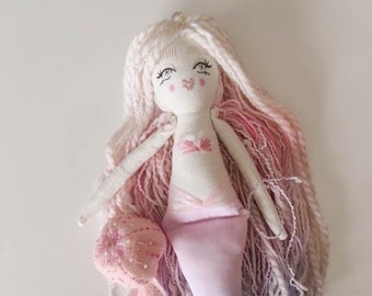 Mermaid purple eyes 14” heirloom cloth doll/ mermaid doll / cloth mermaid heirloom doll / nursery decor / fairy doll / flower doll /