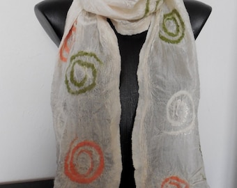 White Nuno Felted Silk Scarf with Merino Details, Soft and Lightweight Wrap, Wedding Shawl, Summer Scarves, Shawl with Felt, Gift for Woman