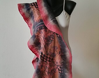 Silk Gray and Indian Red Summer  Wrap, Nuno Felted Silk Shawl, Bridal Soft Shawl, Colored Wool Scarf, Felting Wedding Shawl, Gift for Her