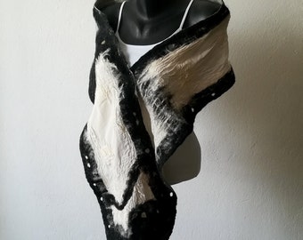 Black and White Silk and Merino Nuno Felted Scarf, Boho Felted Shawl, Gray and White Scarf, Felt Wrap, Hand Felted Scarf, Present for Woman