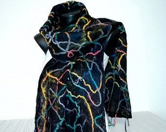 Boho Black Felted Cobweb Scarf, Multicolor Woolen Shawl, Lightweight Merino Scarf, Black Soft Wrap, Women's Beautiful Scarf, Women's Gift