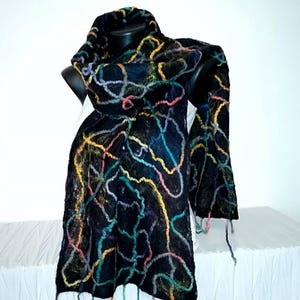 Boho Black Felted Cobweb Scarf with Merino, Multicolor Woolen Felt Shawl, Lightweight Scarf, Women&#39;s Beautiful Soft Scarf, Christmas Gift