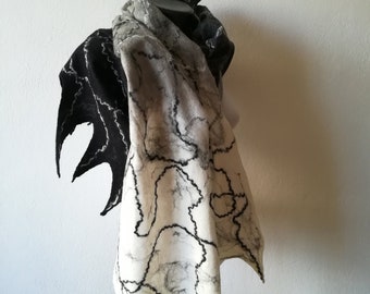 Boho Black Gray and White Wrap, Cobweb Merino Shawl, Felt Warm Winter Scarf, Felted Woolen Shawl, Ladies Felting Wrap, Woman Christmas Gift