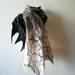 Boho Black Gray and White Wrap, Cobweb Merino Shawl, Felt Warm Winter Scarf, Felted Woolen Shawl, Ladies Felting Wrap, Woman Christmas Gift
