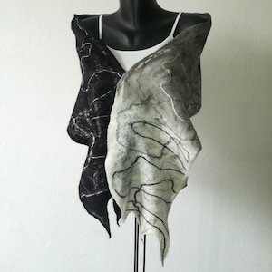 Unisex Black Gray and White Scarf from Merino, Black Cobweb Wool Shawl, Felt Warm Women&#39;s Wrap, Boho Felted Woolen Mans Shawl, Gift for All