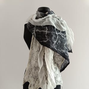 Black and White Wrap from Silk and Merino, Nuno Felted Lightweight Scarf, Soft Shawl with Wool, Art Felting Scarf, Handmade Gift for Woman