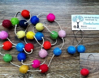 Set collana e orecchini, collana con palline in feltro colorato, collana merino, collana con pompon in feltro, gioielli in lana, regalo di Natale per donna
