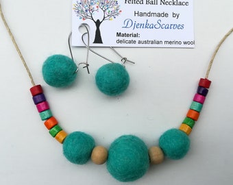 Set Necklace and Earrings, Colored Necklace with Felted Ball and Wooden Beads, Pom Pom Necklace with Felt Balls, Beautiful Gift