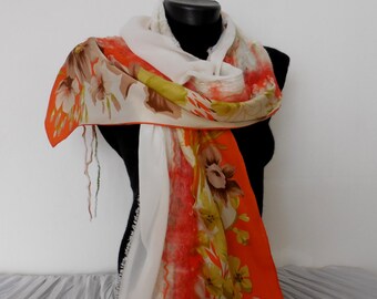 White and Orange Silk Scarf with Flowers, Wedding Shawl, Boho Nuno Felted Long Silk Wrap, Brown and Green Soft Scarf, Delicate Summer Scarf