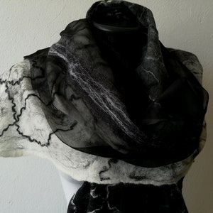 Felted Cobweb Black and White Wrap from Silk and Merino, Lightweight Scarf, Soft Woolen Shawl, Felting Scarf, Handmade Gift for Woman