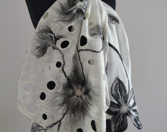 Nuno Felted Merino Wool Scarf: Floral Silk Shawl, Elegant Bridal Wrap