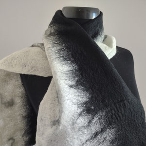 Black and White Felted Scarf from Merino, Warm Wool Felted Scarf, Felting Soft Scarf, Unisex Woolen Scarf, Women or Male Handmade Gift