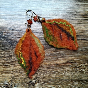 Felted Earrings with Autumn Leaves, Beautiful Wool Earrings, Multi colored Merino Felt Jewelry, Beautiful Gift for Women and Girl