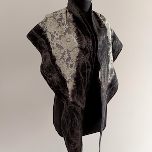 Black and White Nuno Felted Triangular Cobweb Scarf, Lightweight and Soft Scarf with Merino, Shawl for Woman, Wool Wrap for Мother-in-law