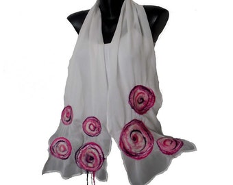 Silk Women Summer White Scarf, Silky Nuno Felted Multicolor Shawl, Bridal Violet Pink Scarf, Felting Wrap, Wedding Merino Wrap, Gift for Her