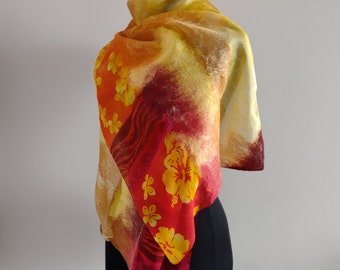 Nuno Felted Scarf: Merino Silk Wrap, Yellow Orange Floral Shawl