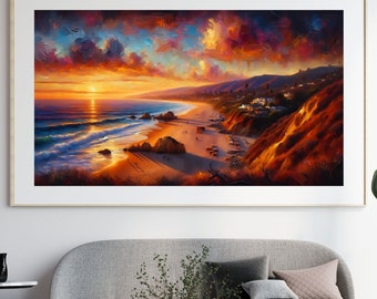 Dipinto ad olio con paesaggio di spiaggia al tramonto a Malibu - Stampa digitale di arte murale costiera vibrante