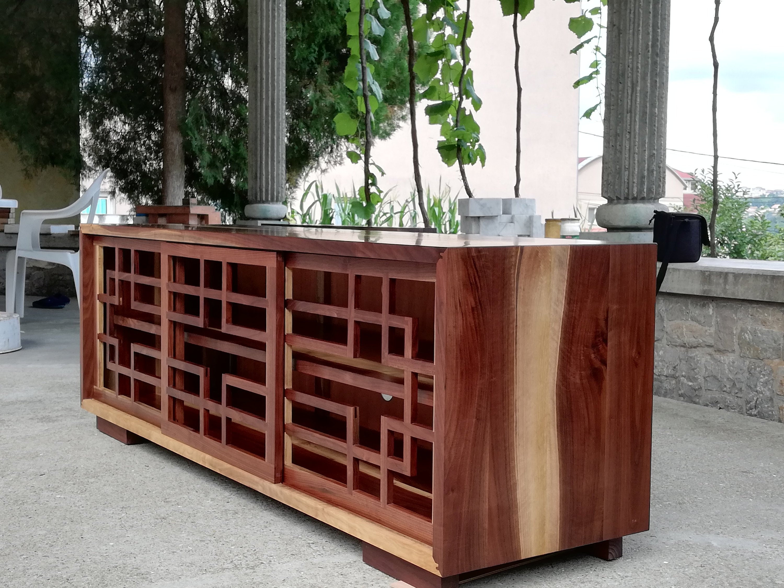 Walnut Media Console with Sliding Doors