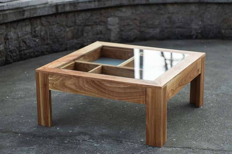 Glass and wood coffee table with drawers and hidden compartments image 2