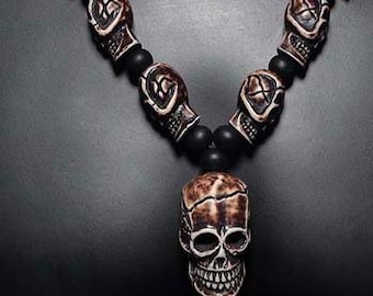 Necklace: Skull Voodoo Bone, Resin and Wooden Beads (Free Shipping)