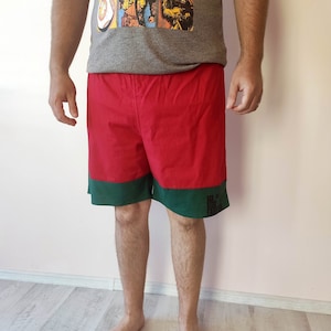Vintage swimtrunks, S-M, vintage zwemshorts, katoenen zwembroeken, rode groene shorts, zwembroeken, vintage mannen swimtrunks, Orvis board shorts