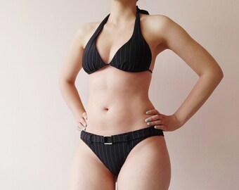 Vintage Striped Two Piece Swimsuit, Metal Buckle Detail, S-M