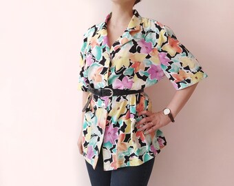Vintage Floral Viscose Blazer Shirt, 80s Frankenwalder, Size L