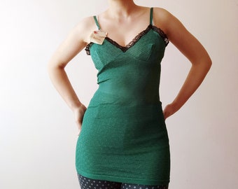 Top de lencería vintage de encaje verde, combinación alemana, talla XS-M