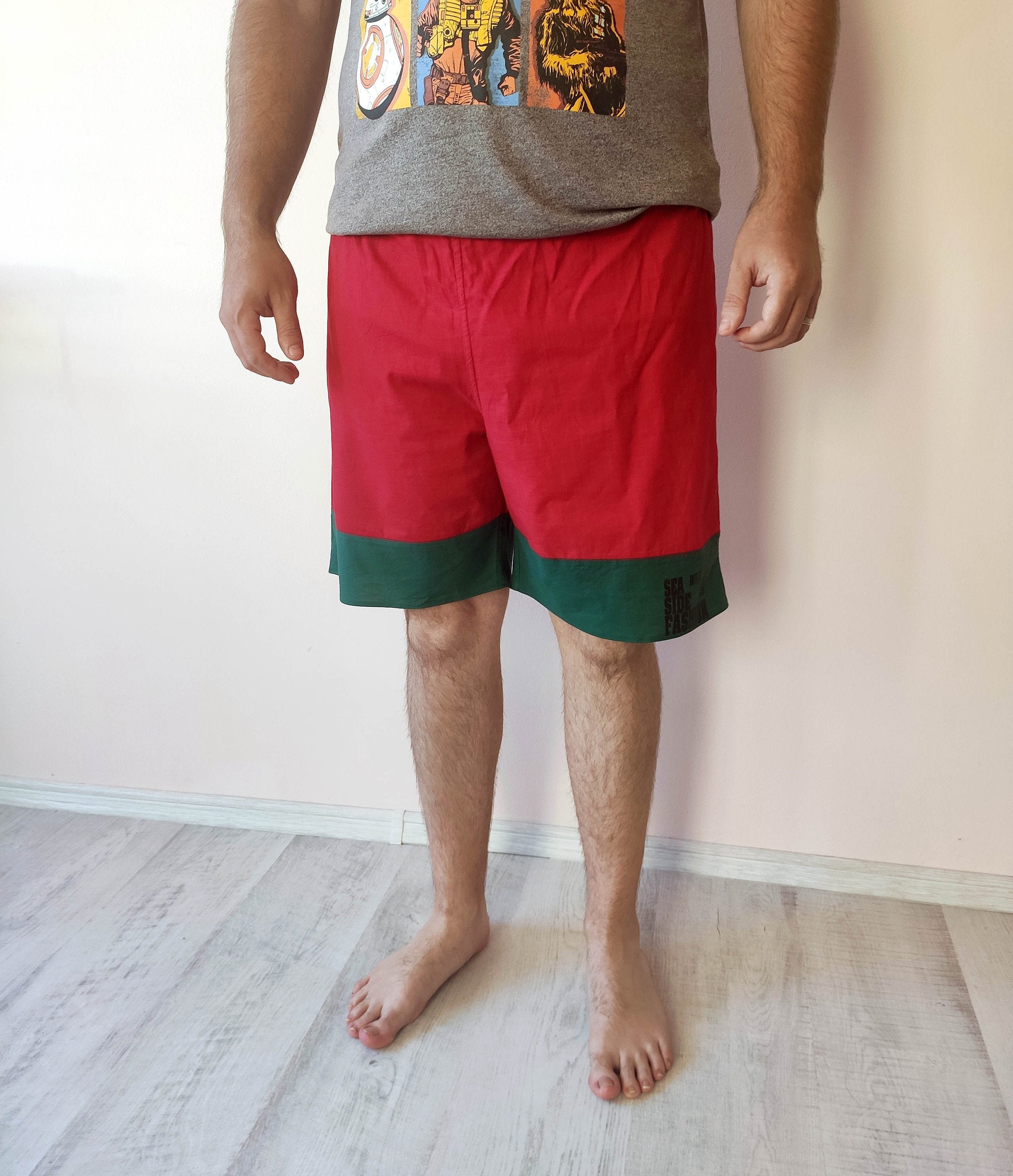 Vintage Swimtrunks, SM, Vintage Swim Shorts, Cotton Swimtrunks, Red Green Shorts, Swim Trunks