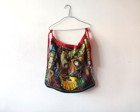 Vintage French Cotton Apron, Recipe Scene, Red Sash