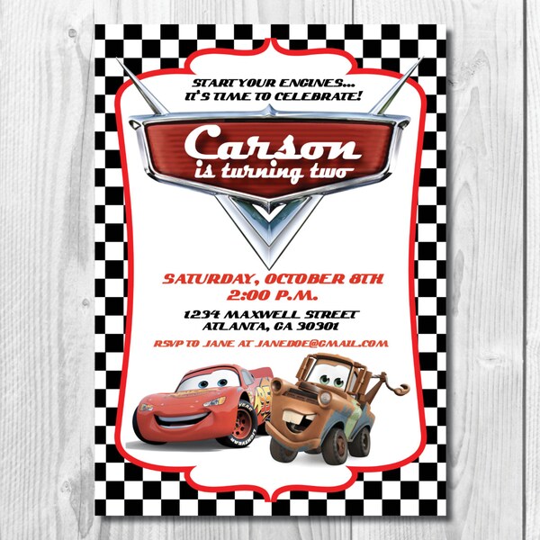 Disney Cars Birthday Party Invitation >> Lightning McQueen Invitation >> Tow Mater Invite  << Cars Party >> Custom Printable Digital File