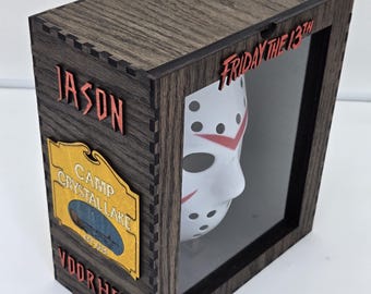 Full Size Hockey Mask Shadow Box Jason Friday the 13th REMOVABLE Mask And Glass