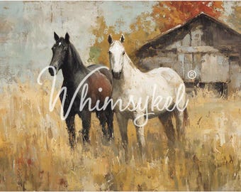 Compañeros de Granero - Whimsykel Designs - Decoupage de muebles grandes - 73 x 53 cm - Caballo en tinta - Decoupage - Granero - Envío rápido