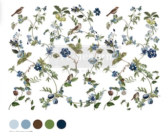 Chirping Charms - Rediseño con Prima - Transferencia de muebles grande - Floral azul - Envío rápido