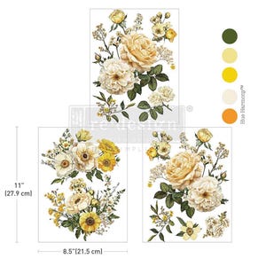 May include: Floral transfer sheets featuring cream and yellow roses, daisies, and other flowers with green leaves. The sheets are 11 inches (27.9 cm) by 8.5 inches (21.5 cm). The color palette includes yellow, cream, and green.