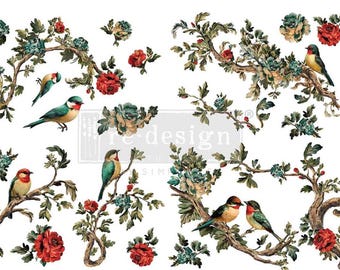 Aviario con rosetas - Por Redesign with Prima - Transferencia de muebles - Floral - Pájaros - Fabricación de tarjetas - Envío rápido