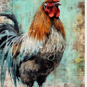 Hues & Feathers / Large Decoupage paper by Whinsykel Designs / Rooster / Farm / Chicken / Fast Shipping