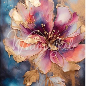 May include: A watercolor painting of a pink flower with gold accents on a dark blue background. The flower has a deep purple center and is surrounded by gold leaves.