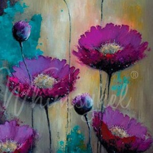 May include: A painting of purple flowers with teal accents. The flowers are in various stages of bloom, with some fully open and others still in bud. The background is a soft, muted beige.