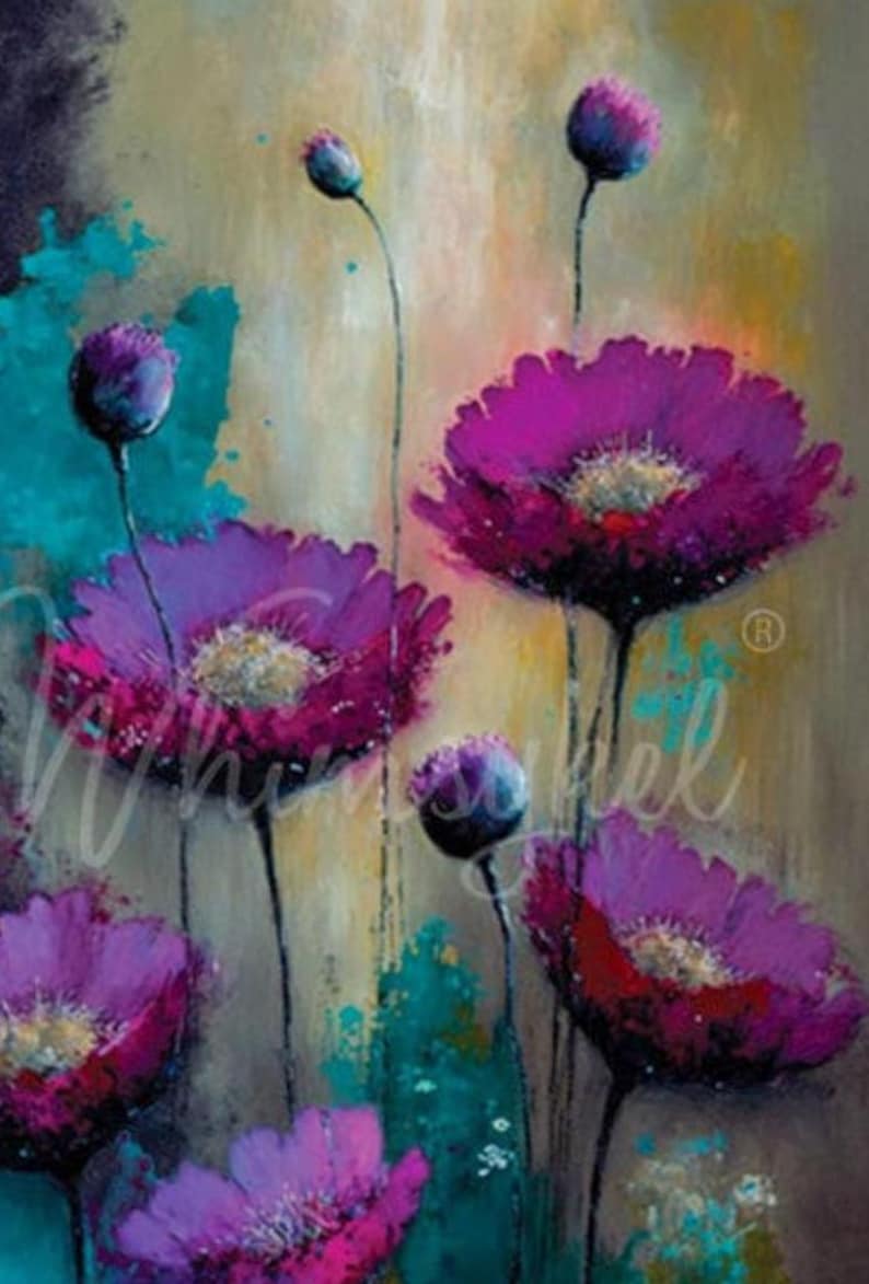 May include: A painting of purple flowers with teal accents. The flowers are in various stages of bloom, with some fully open and others still in bud. The background is a soft, muted beige.