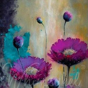 May include: Abstract painting of purple flowers with teal and yellow accents. The flowers are in various stages of bloom, with some fully open and others still in bud.