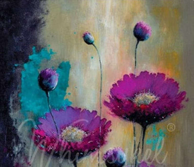 May include: Abstract painting of purple flowers with teal and yellow accents. The flowers are in various stages of bloom, with some fully open and others still in bud.