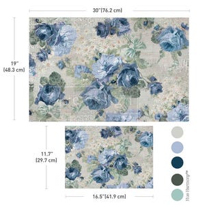 May include: Floral patterned fabric featuring large blue roses on a beige background. The larger piece measures 30 inches by 19 inches, while the smaller piece is 16.5 inches by 11.7 inches. The design includes green leaves and a vintage newspaper-like texture.